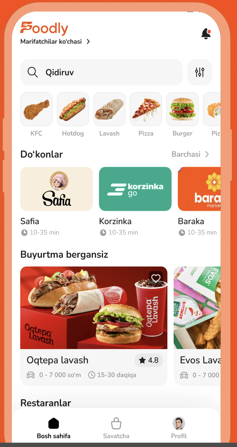 Главная страница Foodly с ресторанами и блюдами